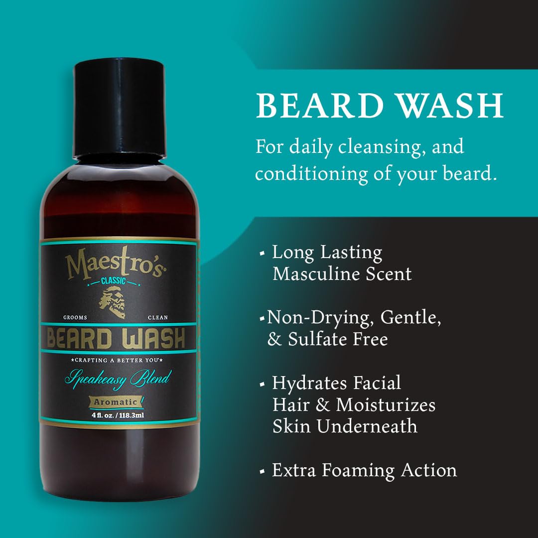 Maestro's Classic Beard Wash foam lather highlights rich foaming action.