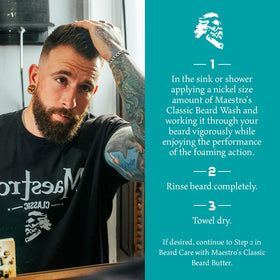 Maestro's Classic beard wash packaging box highlights eco-friendly materials.