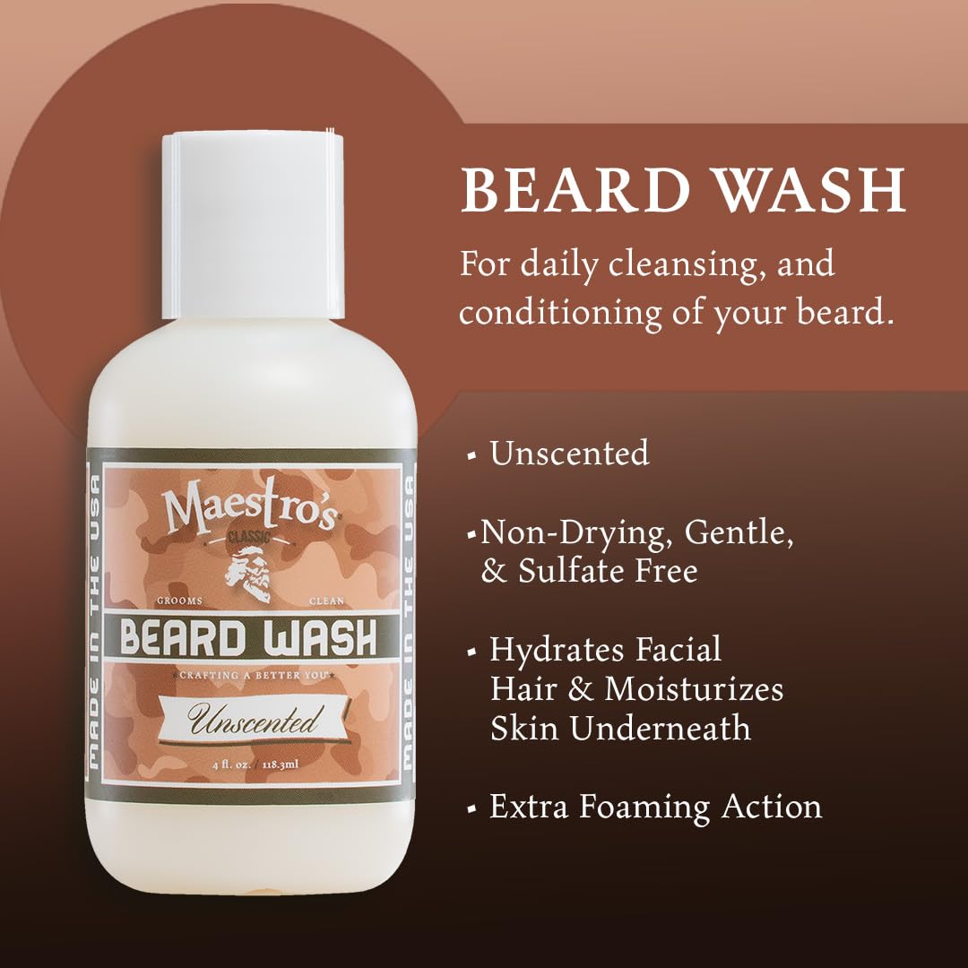 Maestro's Classic Beard Wash unscented formula softens beard during cleansing.