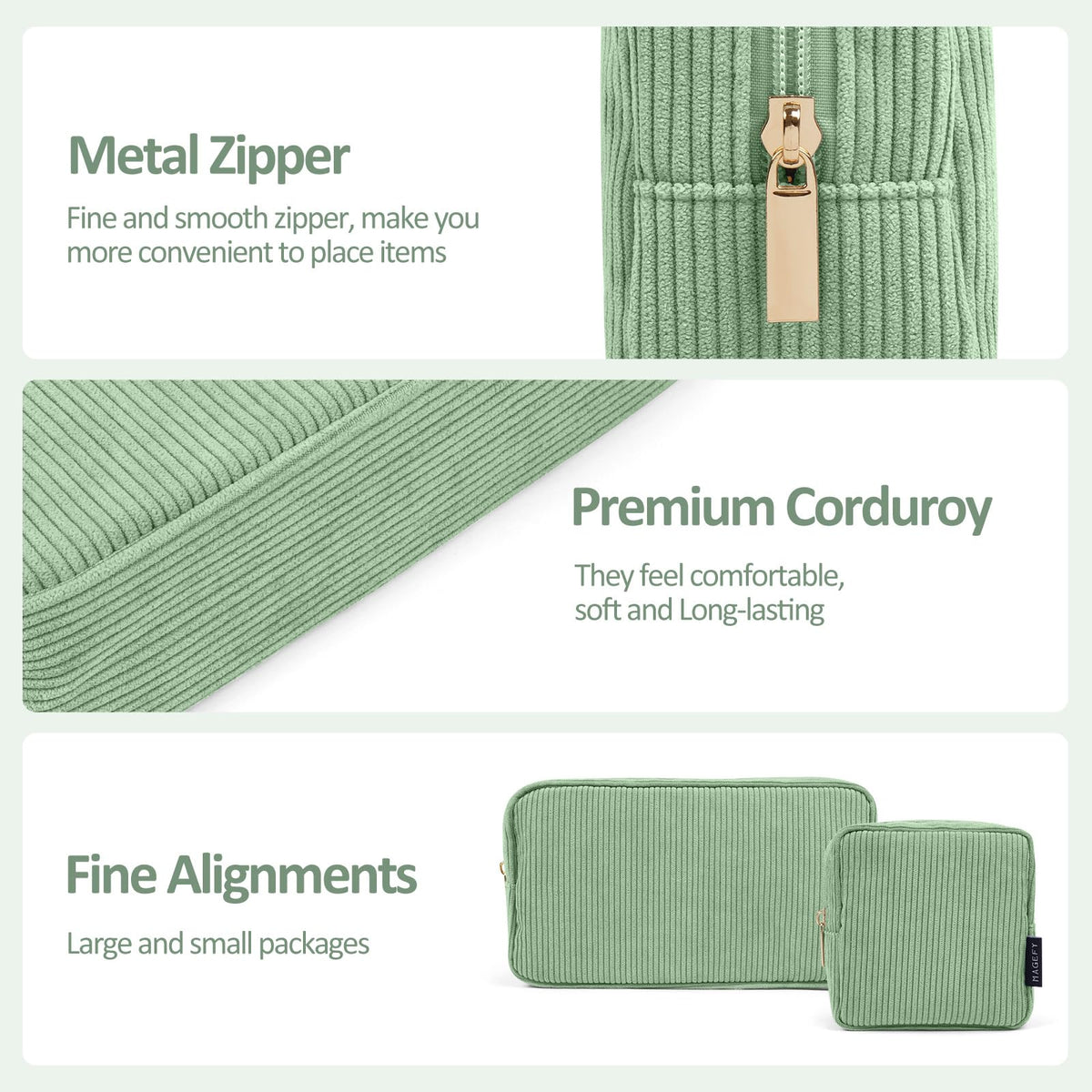 MAGEFY green makeup bag with durable zipper and stitching