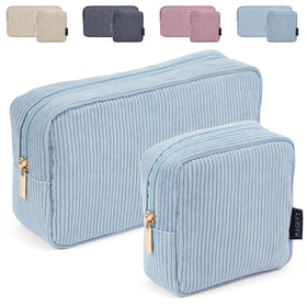 MAGEFY blue corduroy makeup bag, roomy interior for daily cosmetics and travel.