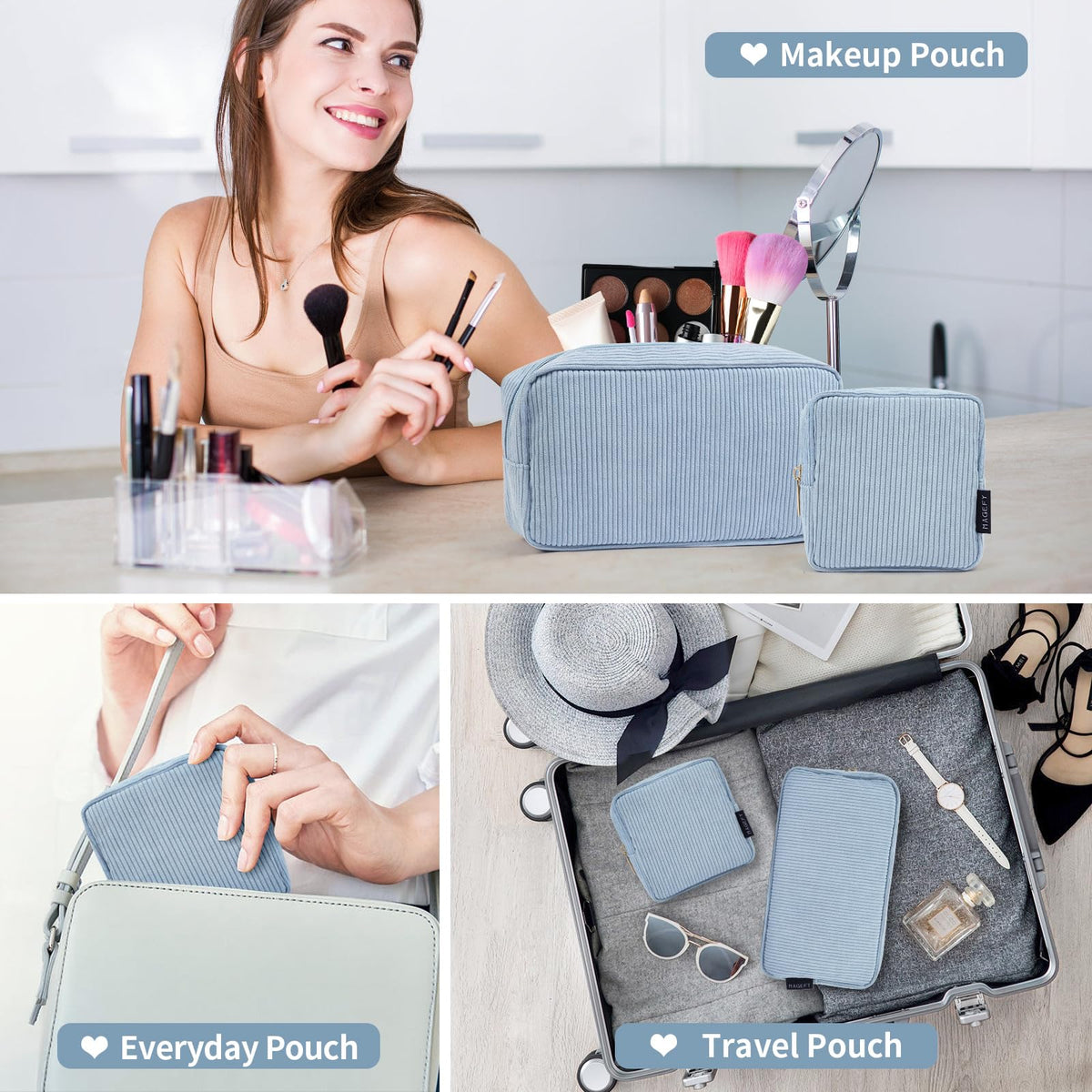 MAGEFY blue corduroy makeup bags, sturdy construction for long-lasting use.