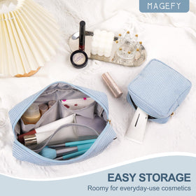 MAGEFY two-pack blue corduroy pouches, perfect for travel organization of small items.
