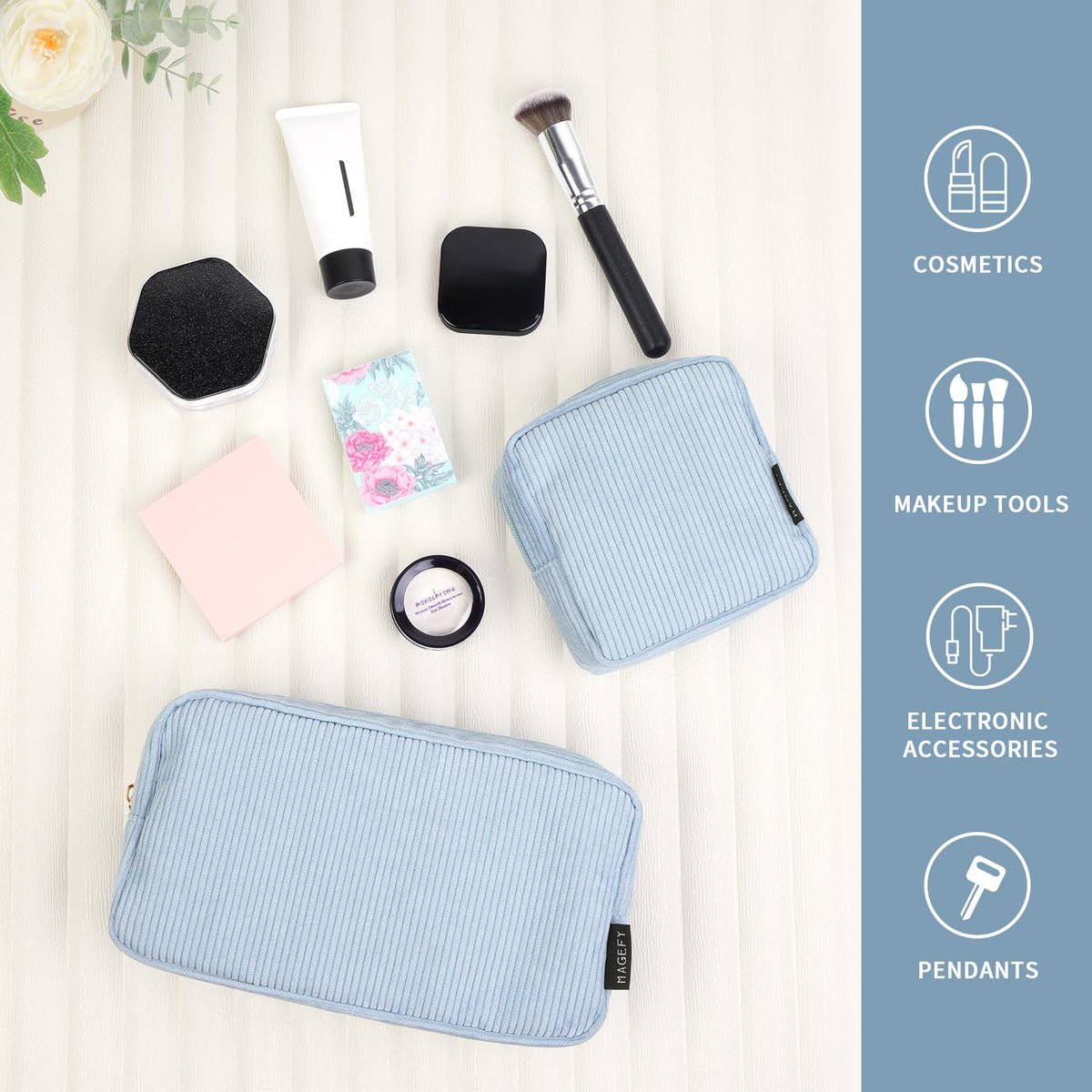 MAGEFY lightweight two-pack set, blue corduroy bags for daily use and trips.