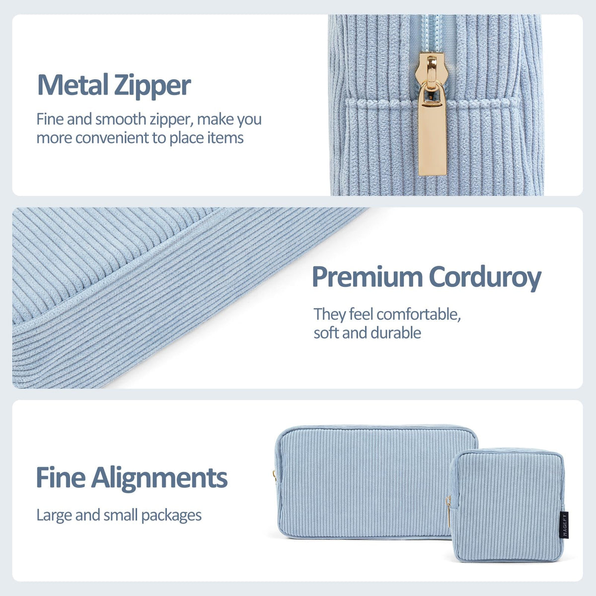 MAGEFY chic blue makeup bag with zipper, offers safe storage in purses.