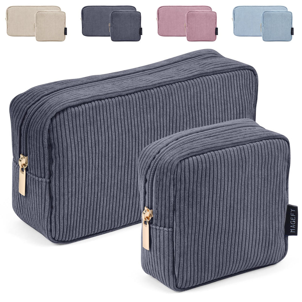 MAGEFY deep grey corduroy makeup bag in large travel-ready size