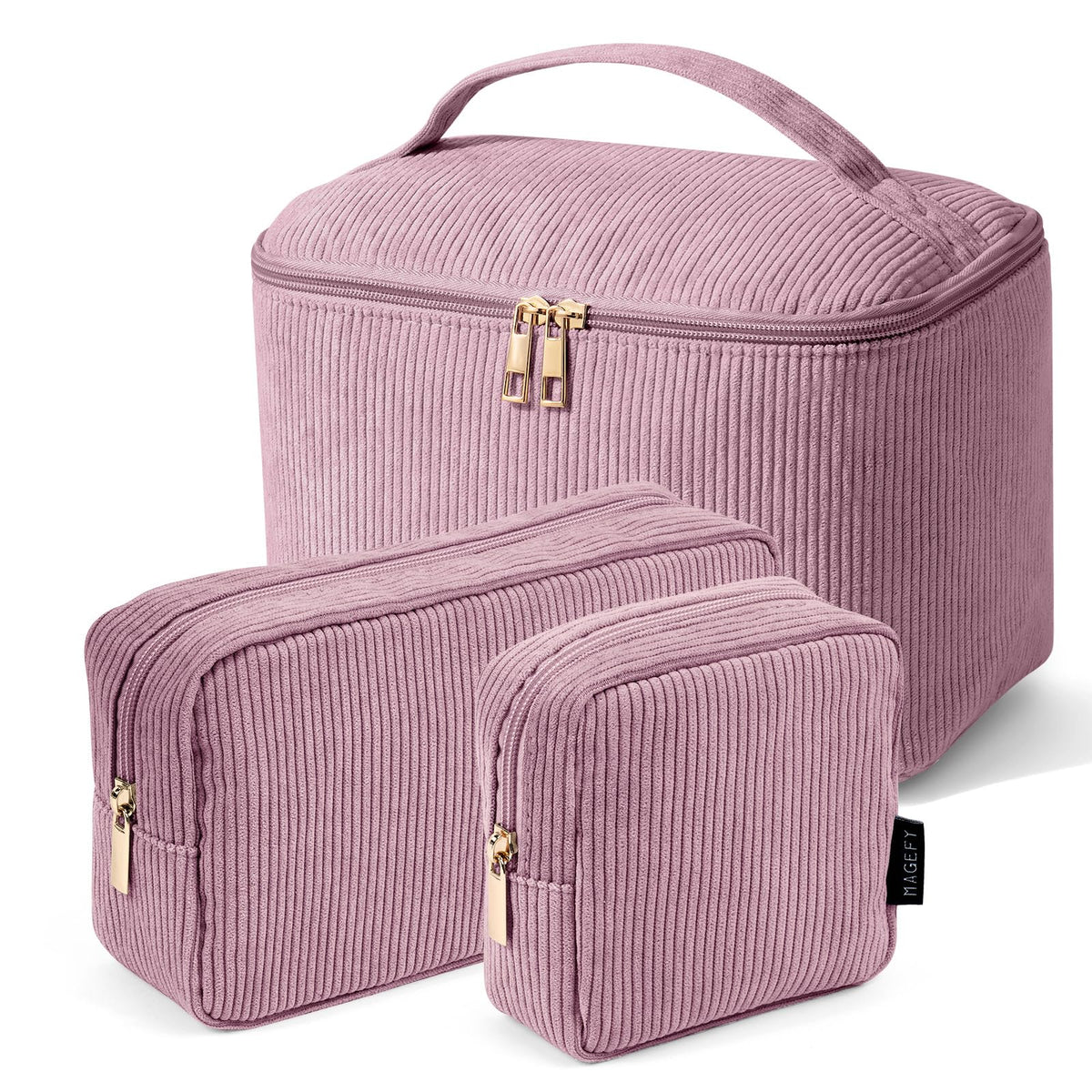 Magefy three-piece makeup bag set with handle for easy carry and organization