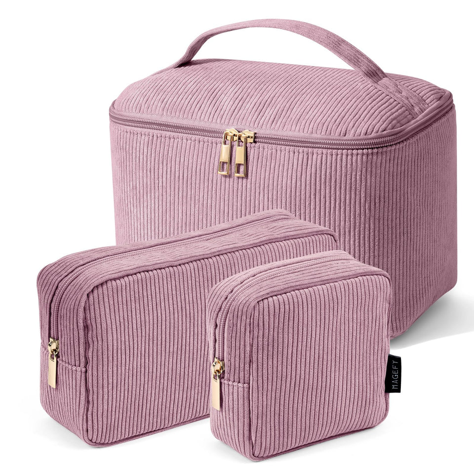 Magefy three-piece makeup bag set with handle for easy carry and organization
