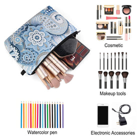 MAGEFY makeup bag travel-size layout shows compact, roomy storage for cosmetics and cables
