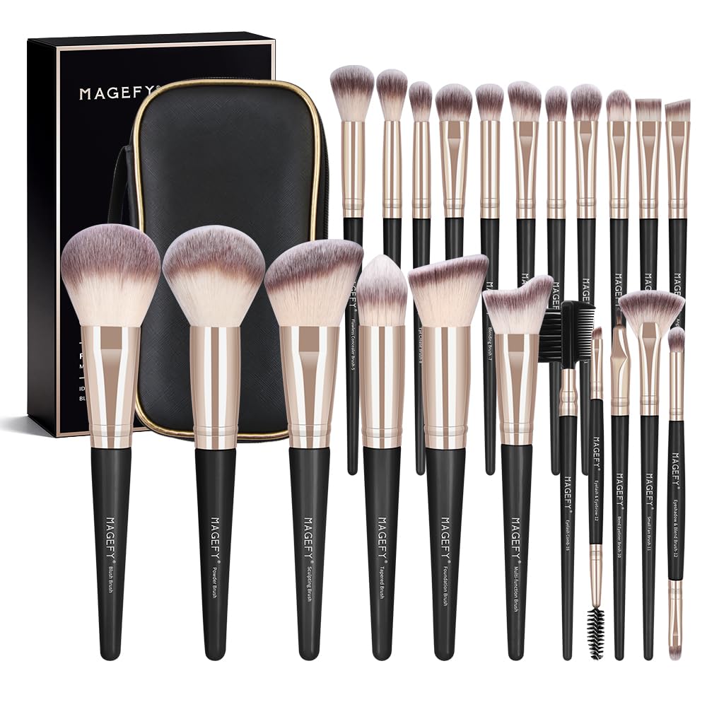 MAGEFY 22-piece makeup brush set in black-gold case for versatile makeup on the go.