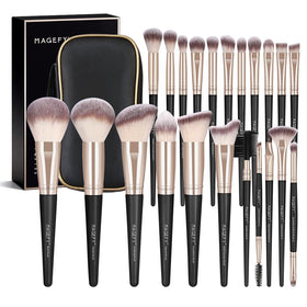 MAGEFY 22-piece makeup brush set in black-gold case for versatile makeup on the go.