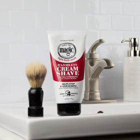 MAGIC Razorless Cream Shave texture – rich cream glides evenly on skin.