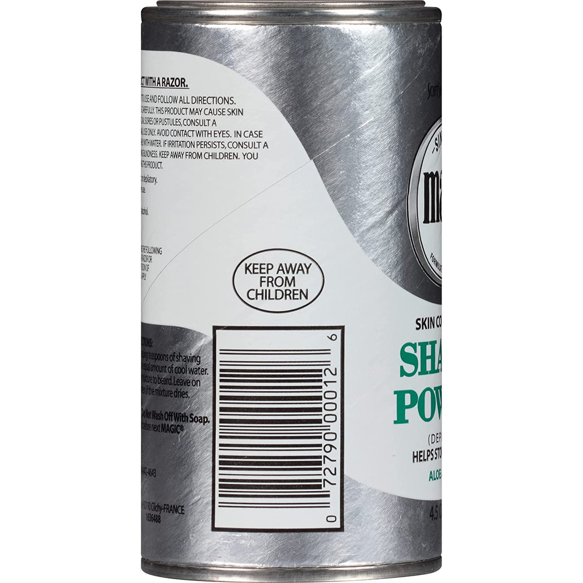 Four-pack packaging of Magic Skin Conditioning Shaving Powder displayed for easy restocking.