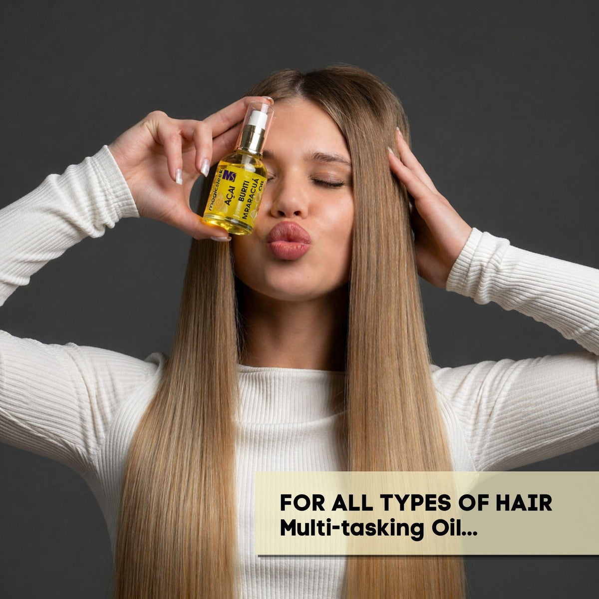 MagicSleek Acai Maracuja Buriti Oil blend label boosts moisture.