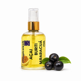 MagicSleek Acai Oil bottle closeup highlights nourishing formula.