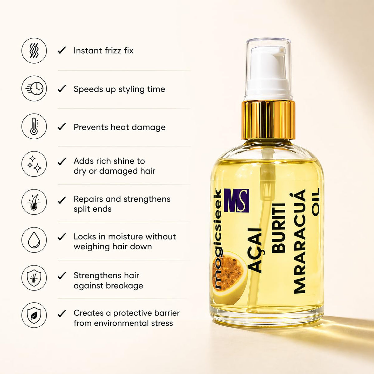 MagicSleek Frizz-control hair application demonstrates smoothing action.