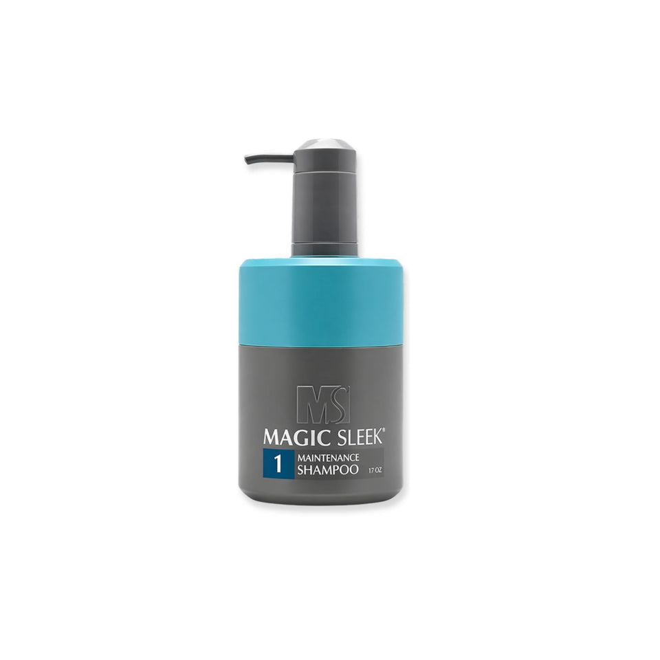 MagicSleek Hydrating Shampoo bottle pouring, highlighting color-safe nourishment and frizz control
