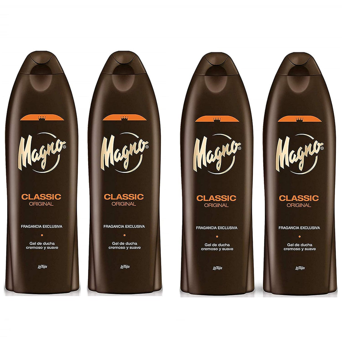 Magno Shower Gel 550ml bottle, four-pack, for daily cleansing and refreshed skin.