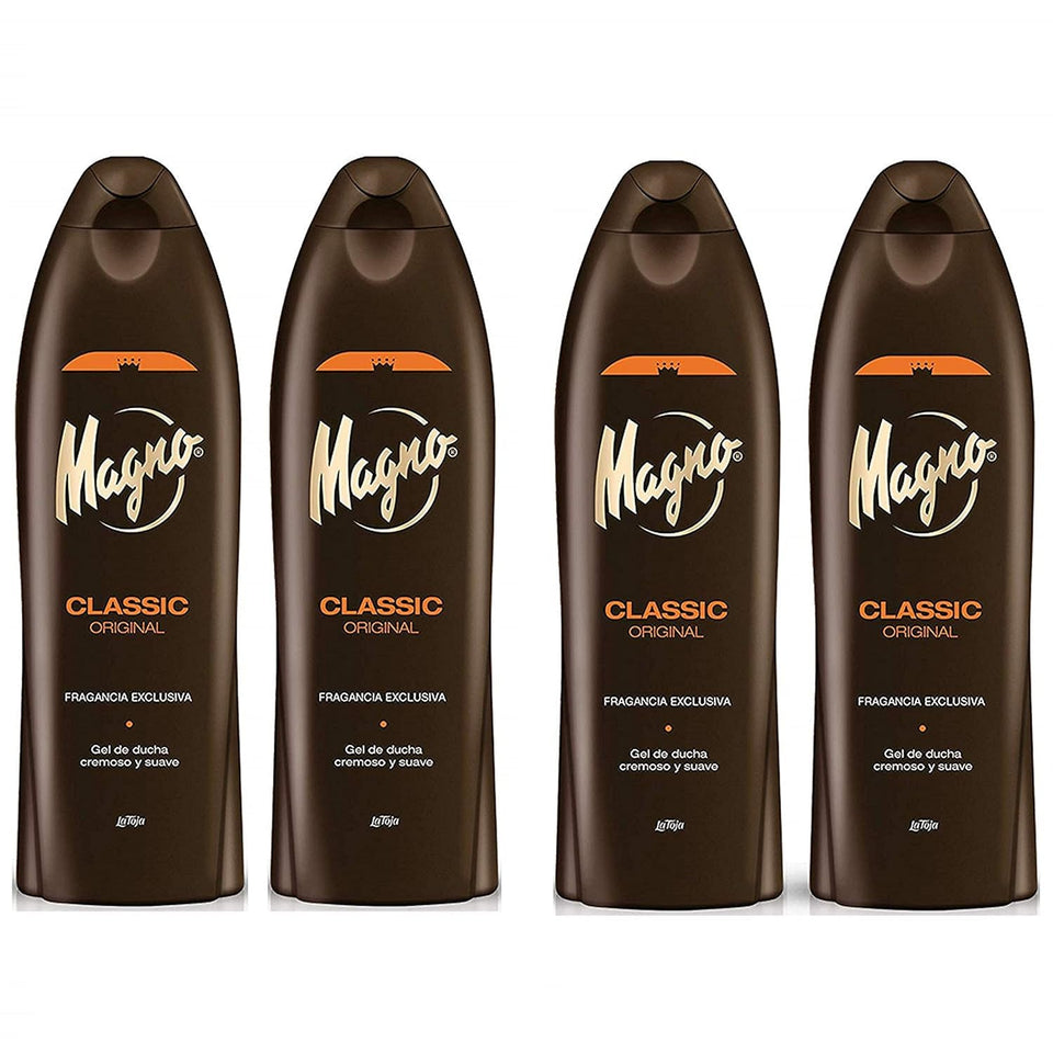 Magno Shower Gel 550ml bottle, four-pack, for daily cleansing and refreshed skin.