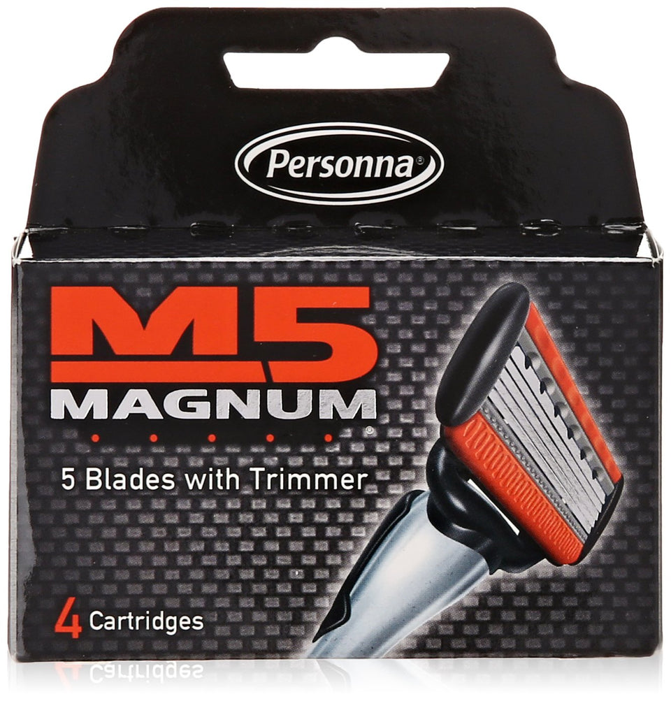 Magnum M5 razor cartridges pack showing multiple blades for a smoother, more comfortable shave.