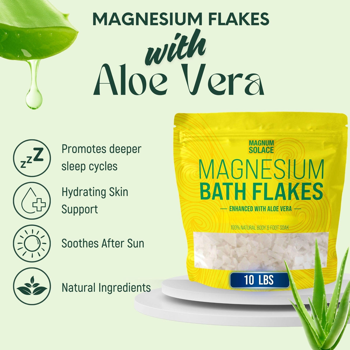 Magnum Solace aloe vera bath flakes soften skin during a relaxing soak