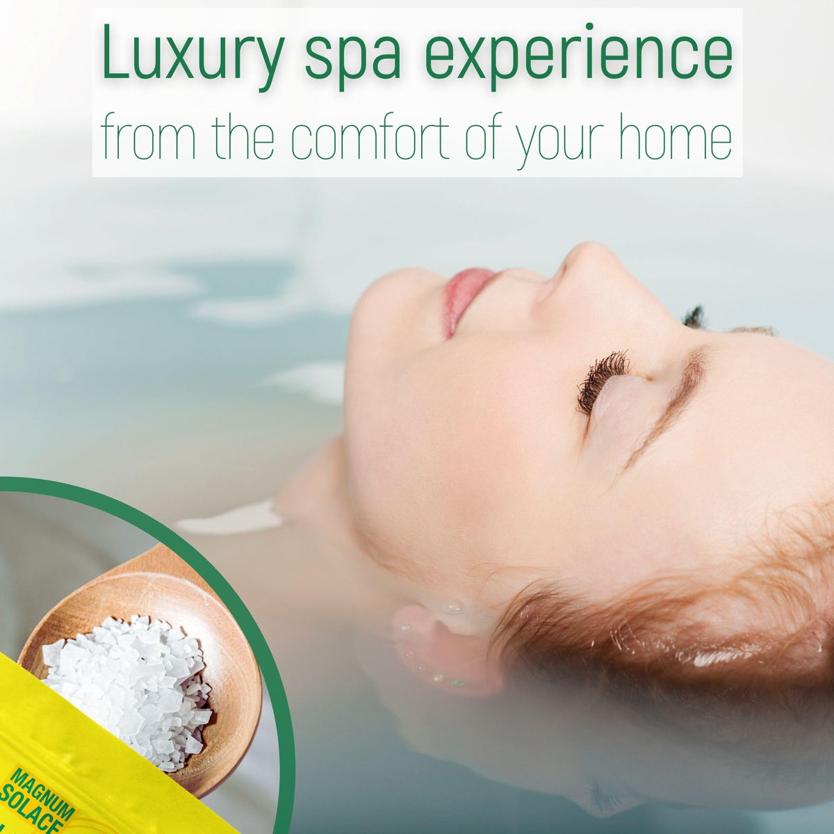 Magnum Solace bath in a warm tub promoting a calm, spa-like moment.