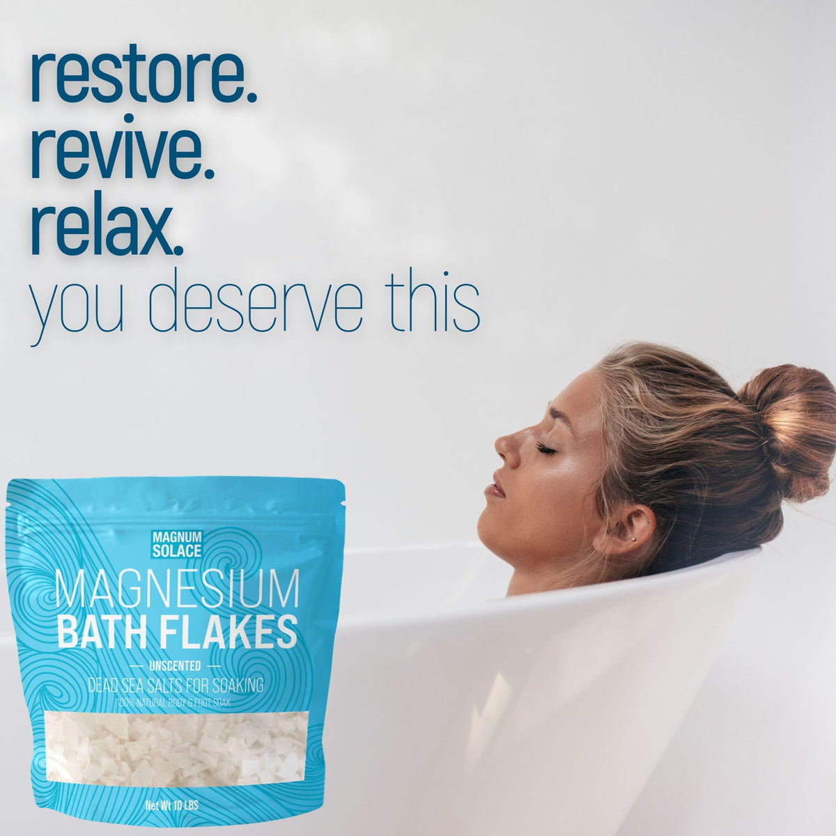 Magnum Solace Dead Sea salts for soaking in a calming bath.