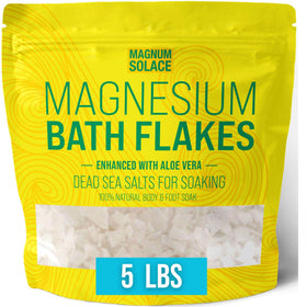 Magnum Solace magnesium bath flakes bottle ready for a relaxing aloe-infused soak.