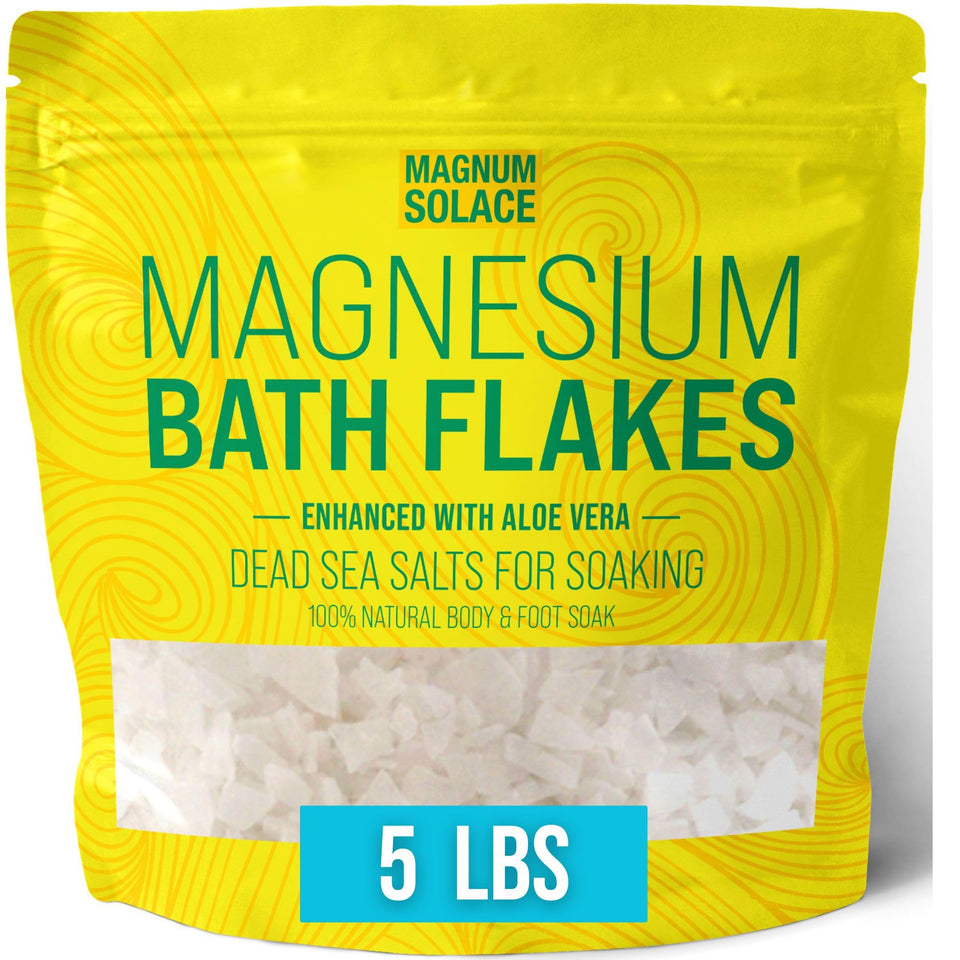 Magnum Solace magnesium bath flakes bottle ready for a relaxing aloe-infused soak.