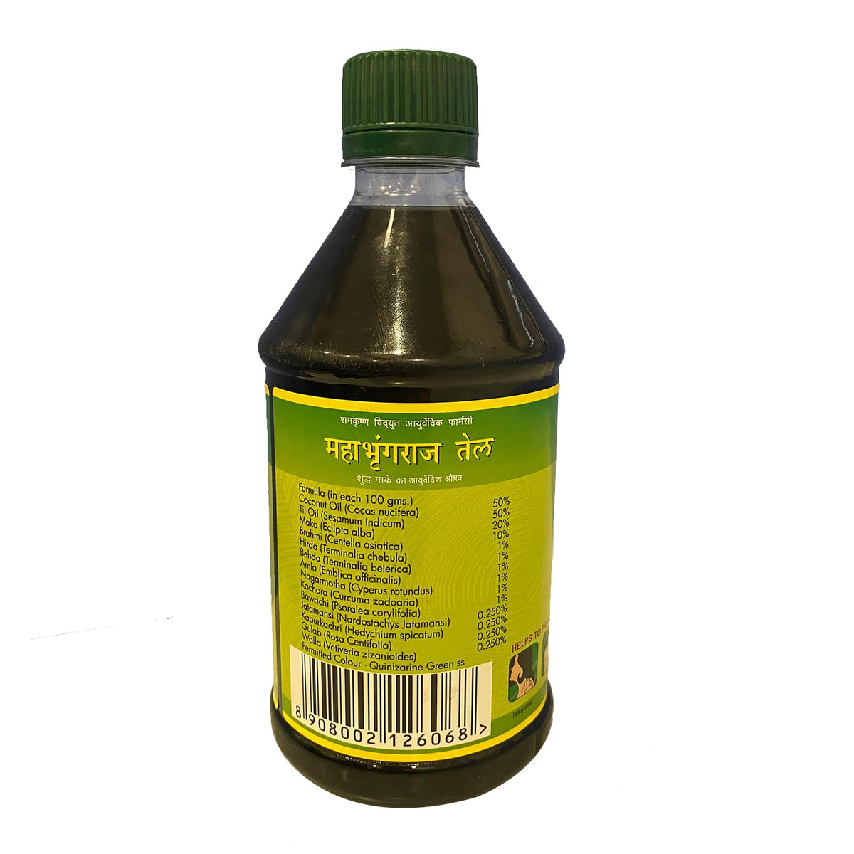 Mahabhringaraj Oil label closeup highlighting natural ingredients for scalp nourishment.