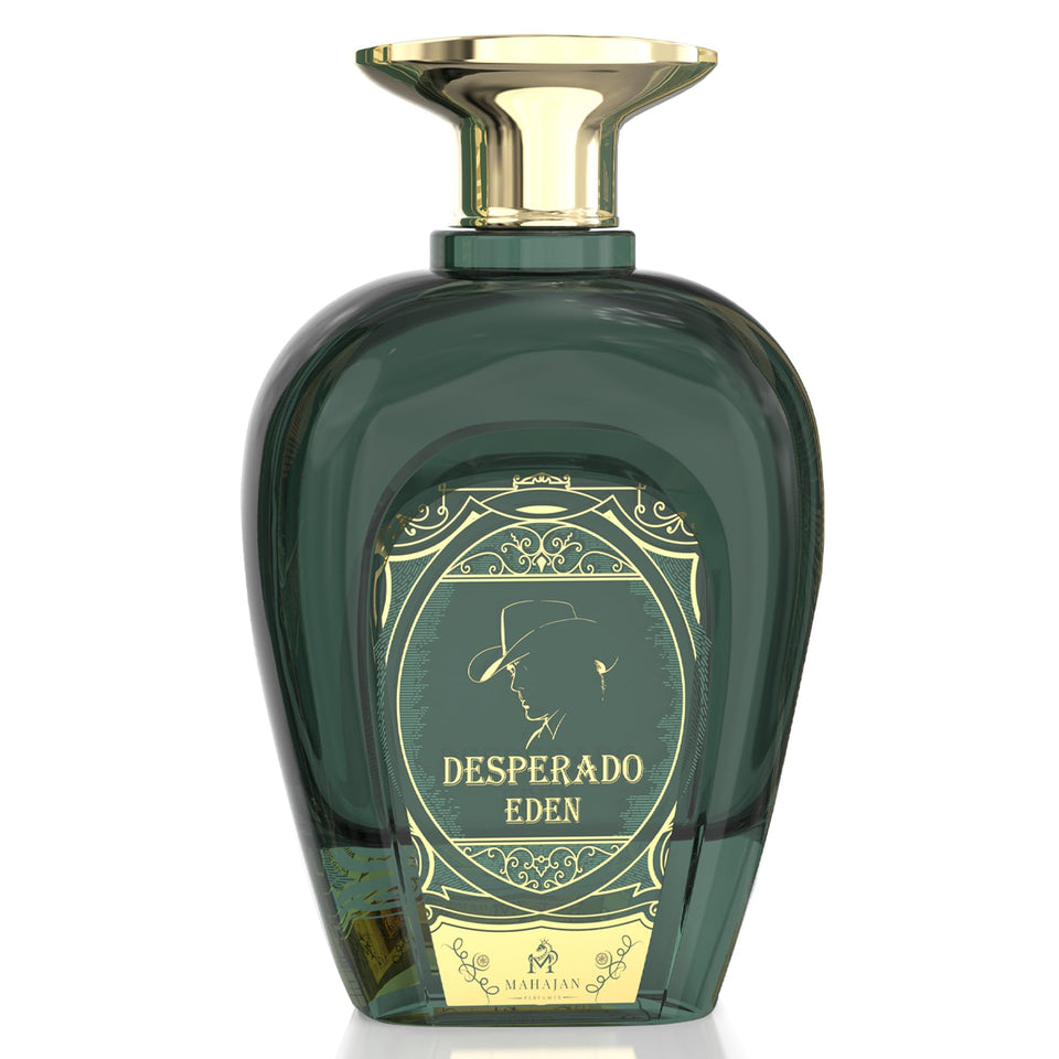 Mahajan Desperado Eden bottle front emerald glass, tropical luxury ready for everyday wear.