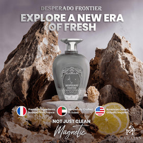 Mahajan Desperado Frontier bottle closeup emphasizes warm spice for a confident, masculine aura.