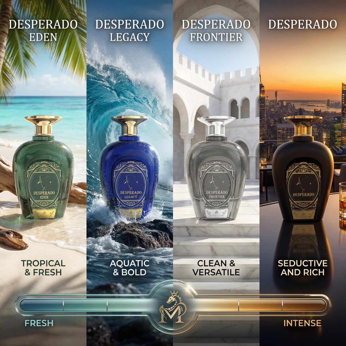 Men's fragrance displayed for versatile day-to-night wear.