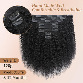 MAHKOTAKU Afro Kinky Curly Clip-Ins Heat-Styling image shows heat-friendly options.