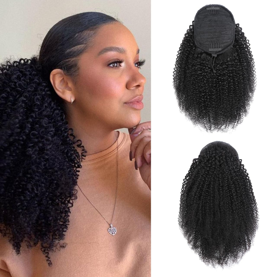 Mahkotaku Afro Kinky Curly Ponytail closeup shows natural texture and added volume.
