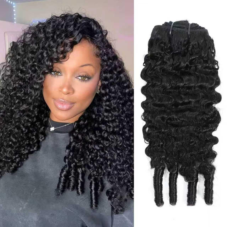 MAHKOTAKU Burmese Curly Clip-In Extensions on display showing volume and length