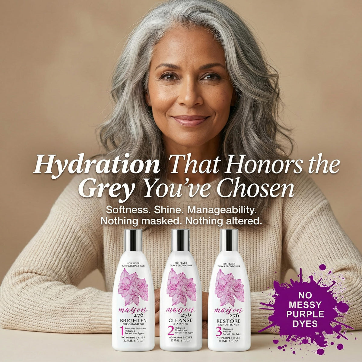 Maison 276 HYDRATE shampoo shine; natural light reflection on silver hair.