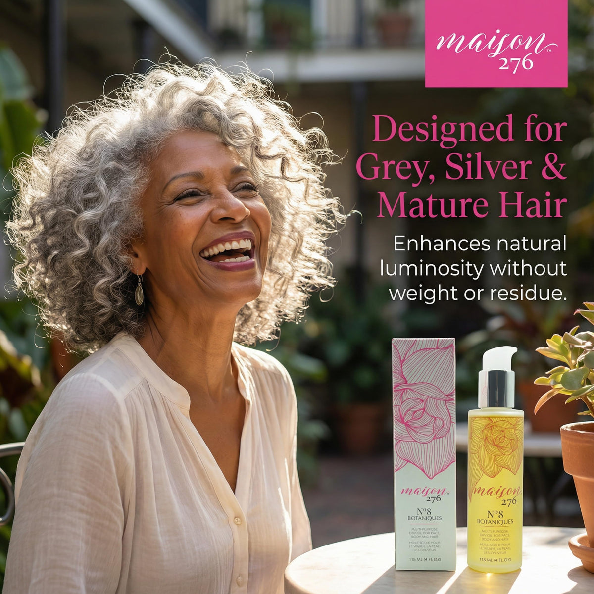 No. 8 Botaniques smooths ends and flyaways for controlled mature hair look.