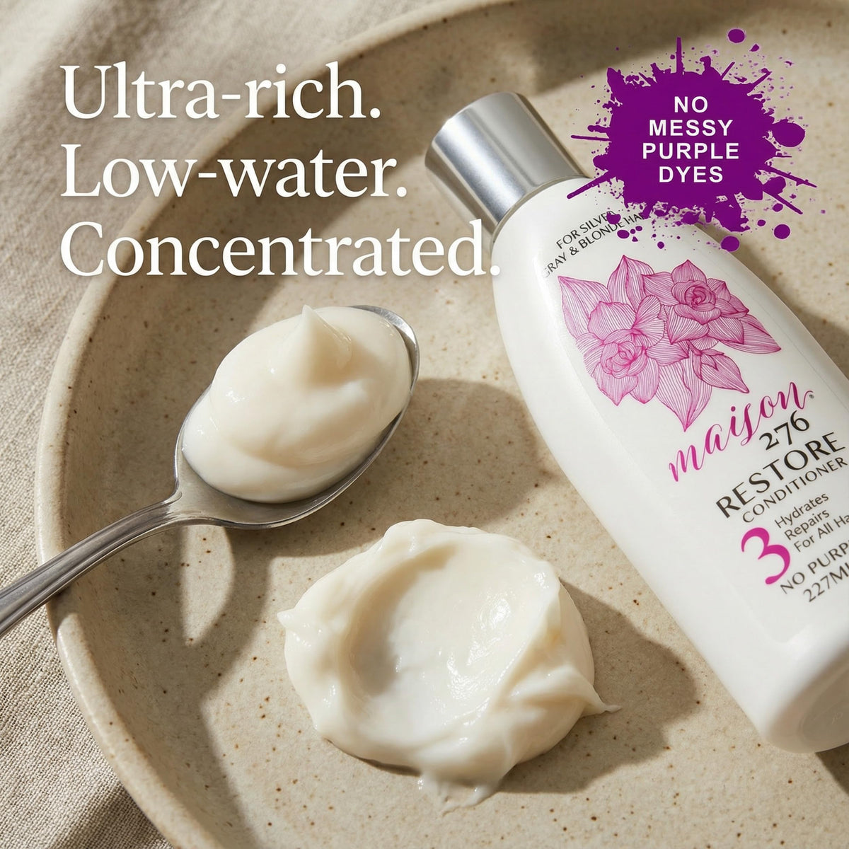 Maison 276 RESTORE conditioner bottle for blonde hair enhances manageability with a light, glossy touch.