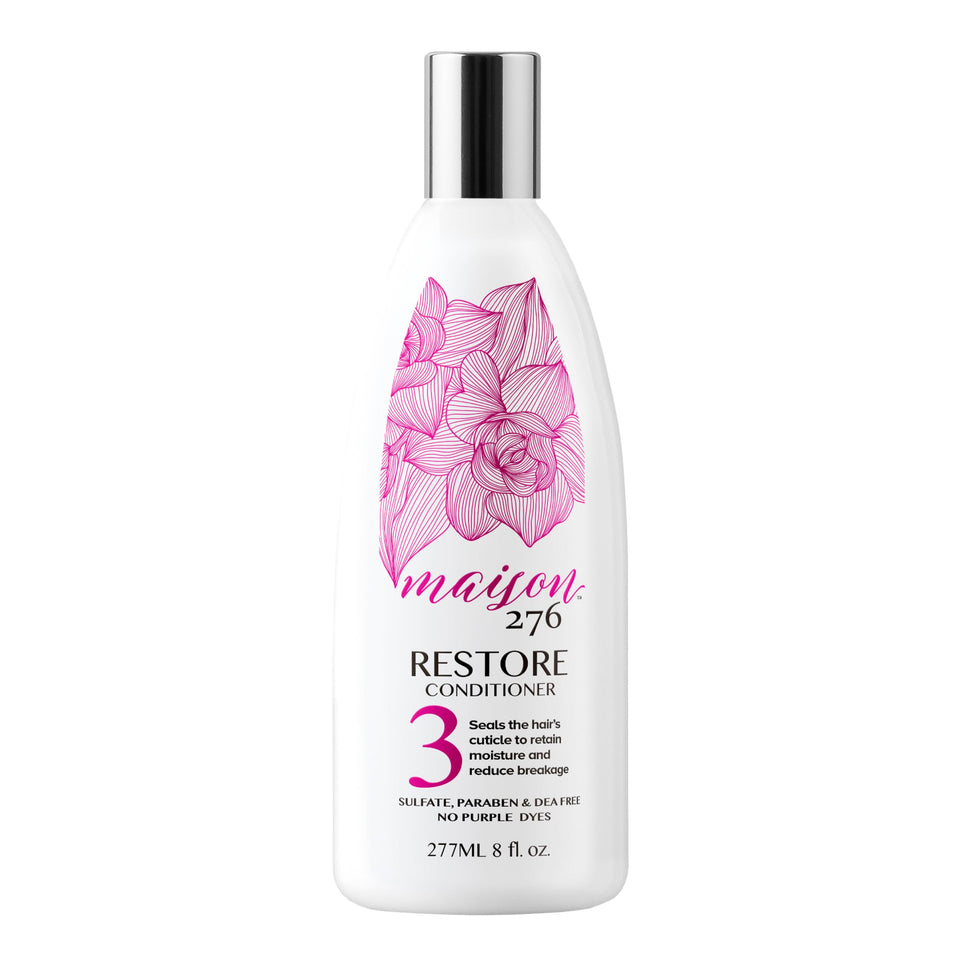 Maison 276 RESTORE conditioner bottle for grey hair offers softer texture and natural shine.