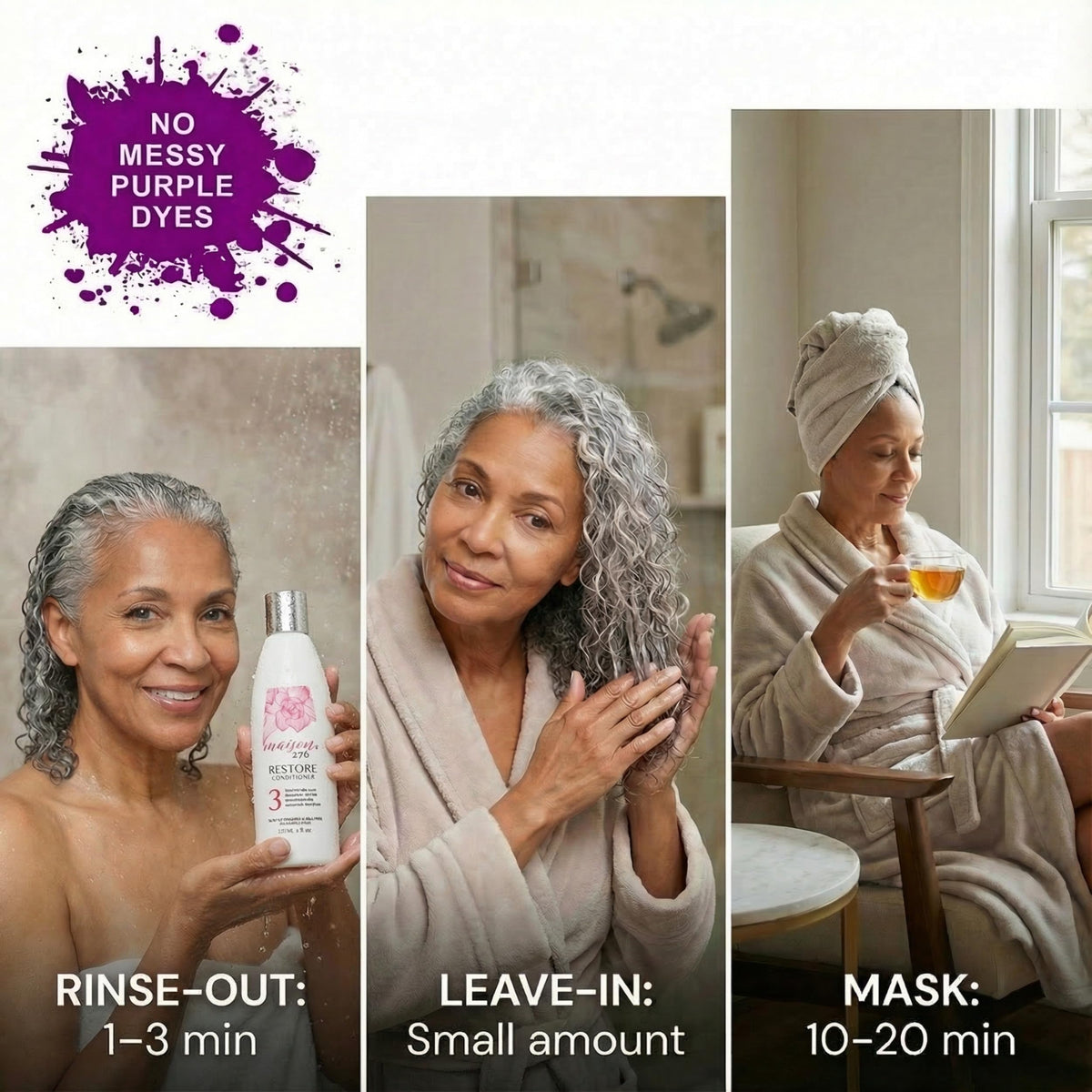 Maison 276 RESTORE leave-in option on hand illustrates smooth, conditioned hair without heaviness.
