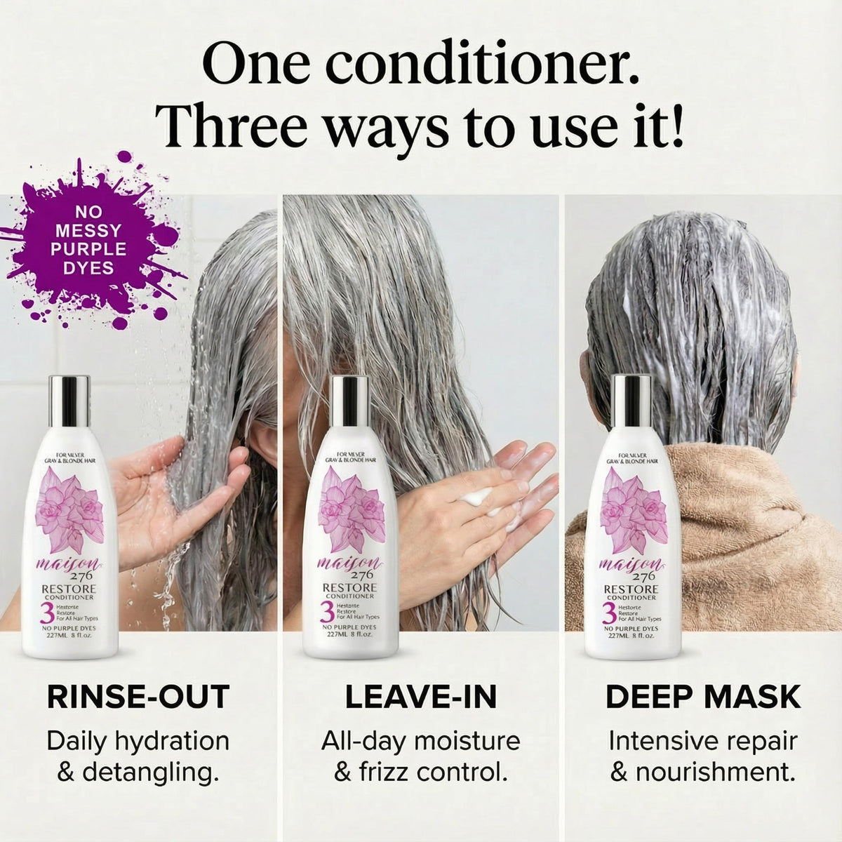 Maison 276 RESTORE three-in-one bottle demonstrates rinse-out, leave-in, or deep mask options.