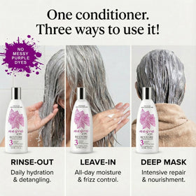 Maison 276 RESTORE three-in-one bottle demonstrates rinse-out, leave-in, or deep mask options.