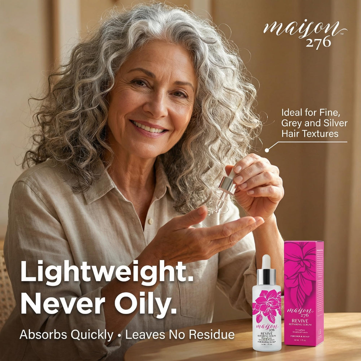 Silky silver hair with natural shine after Revive.