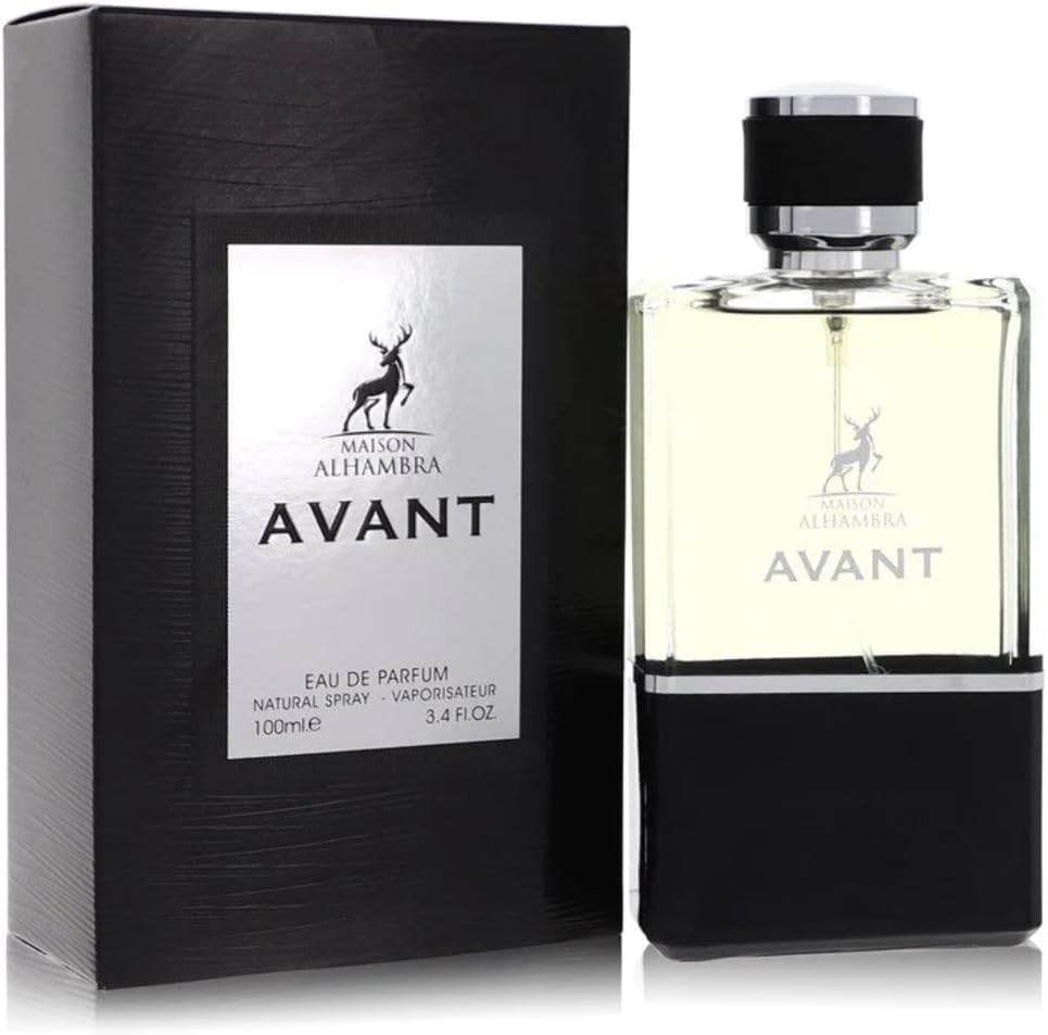 Maison Alhambra Avant bottle closeup, highlights fresh woody scent for everyday occasions.