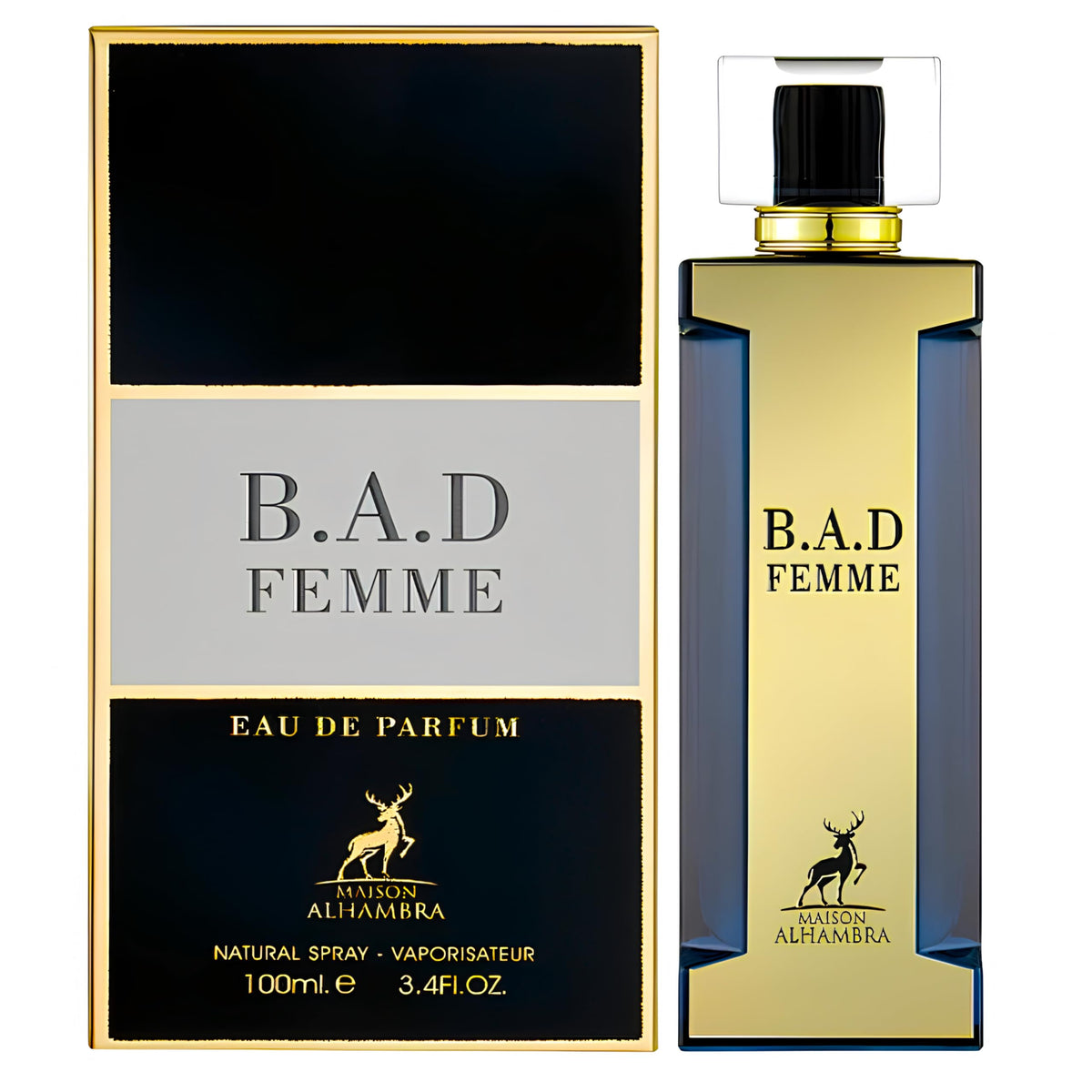 Maison Alhambra B.A.D. edp bottle on vanity, highlighting jasmine sambac and leather notes.