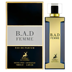 Maison Alhambra B.A.D. edp bottle on vanity, highlighting jasmine sambac and leather notes.