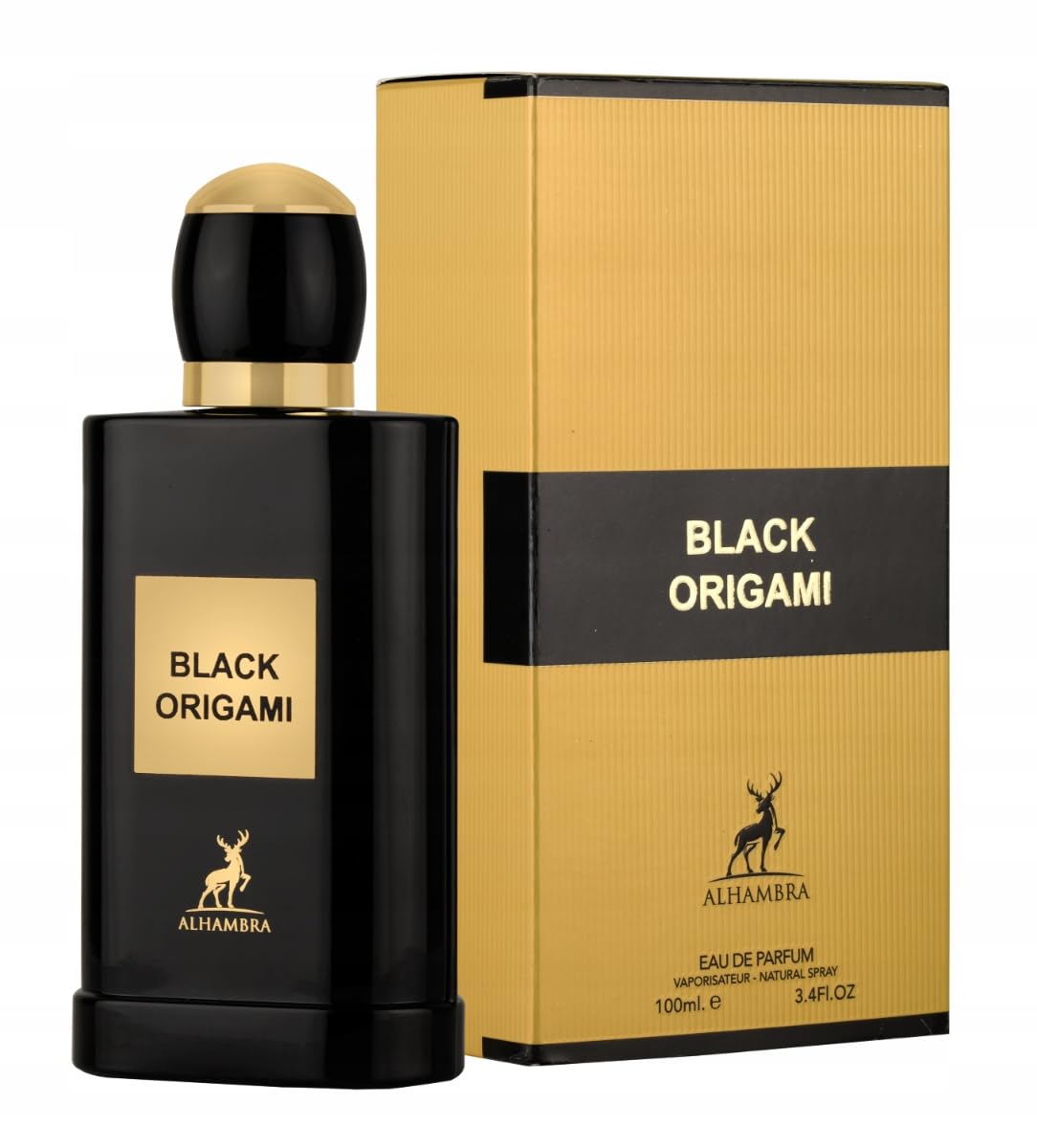 Maison Alhambra Black Origami bottle with a fruity floral woody profile, ideal for elegant evenings.