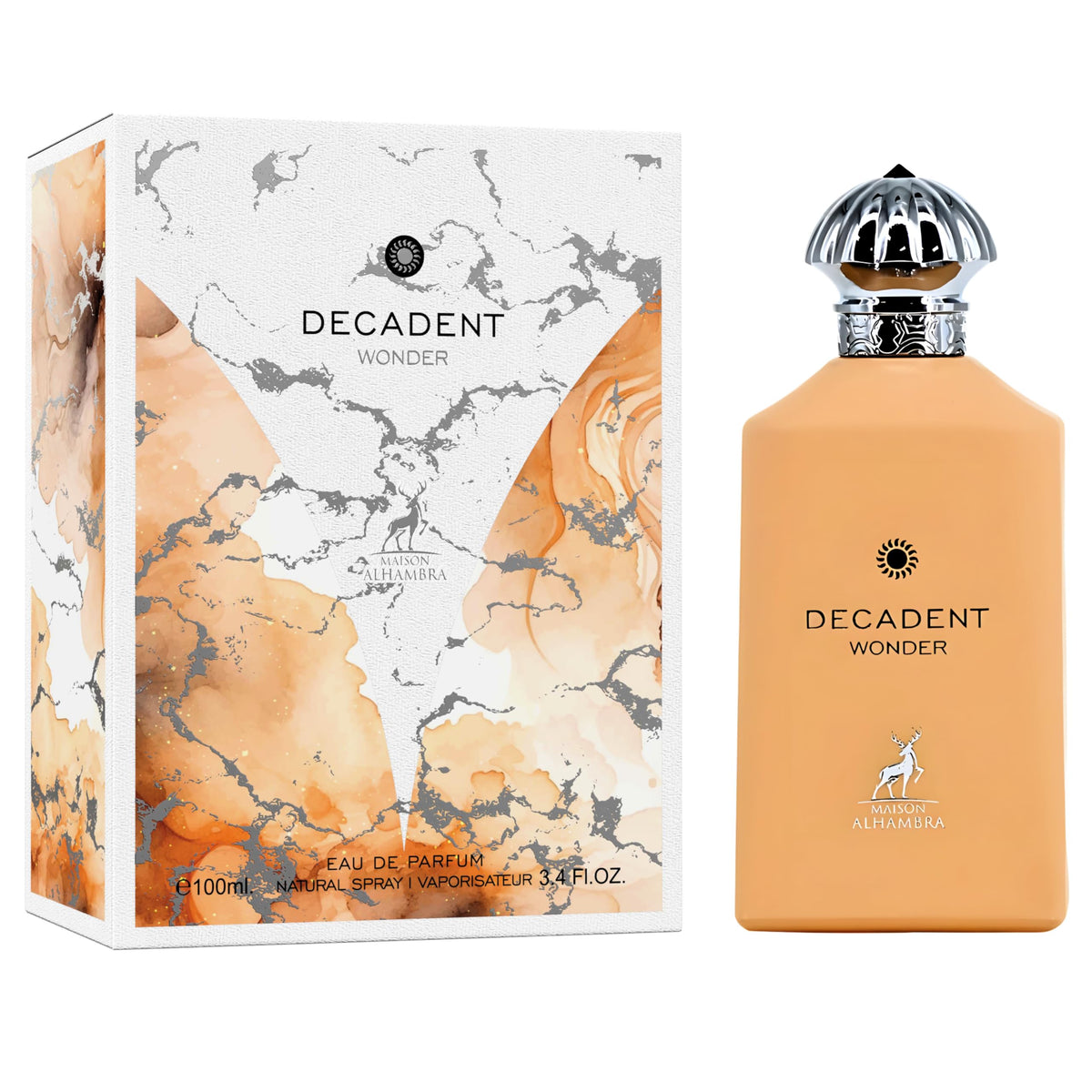 Maison Alhambra Decadent Wonder bottle closeup highlights premium cap and luxe finish.
