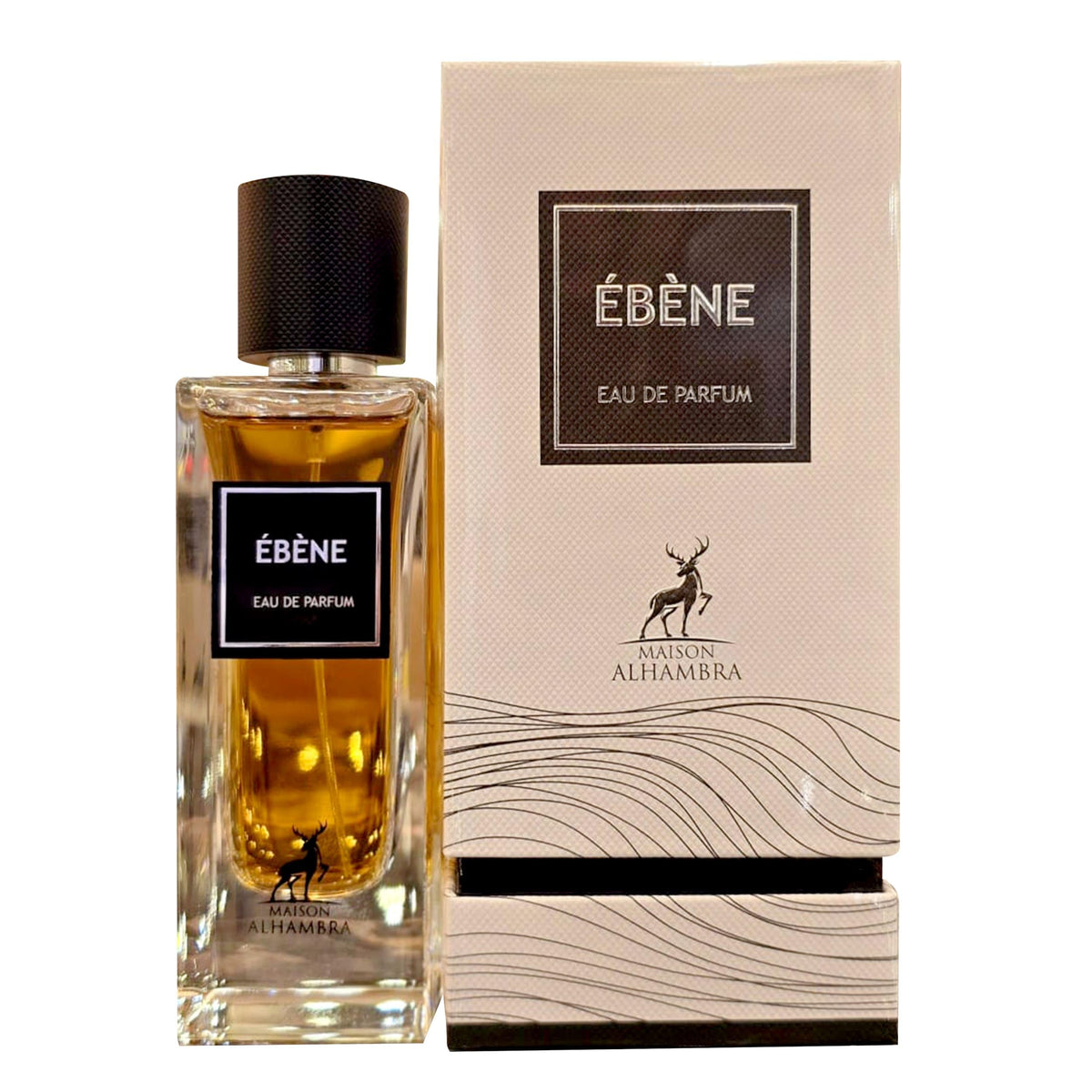 Maison Alhambra Ébène packaging and bottle display, ideal for gifting or personal luxury.